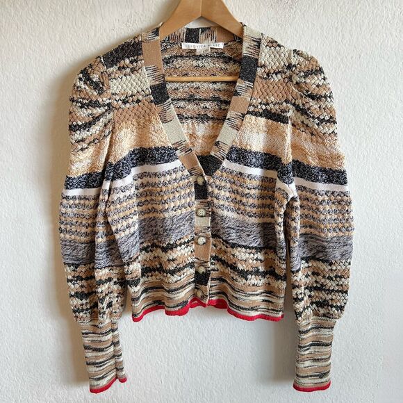 VERONICA BEARD Cecily Wool Blend Puff Sleeve Beige Cardigan Sweater Womens Large - Picture 3 of 11